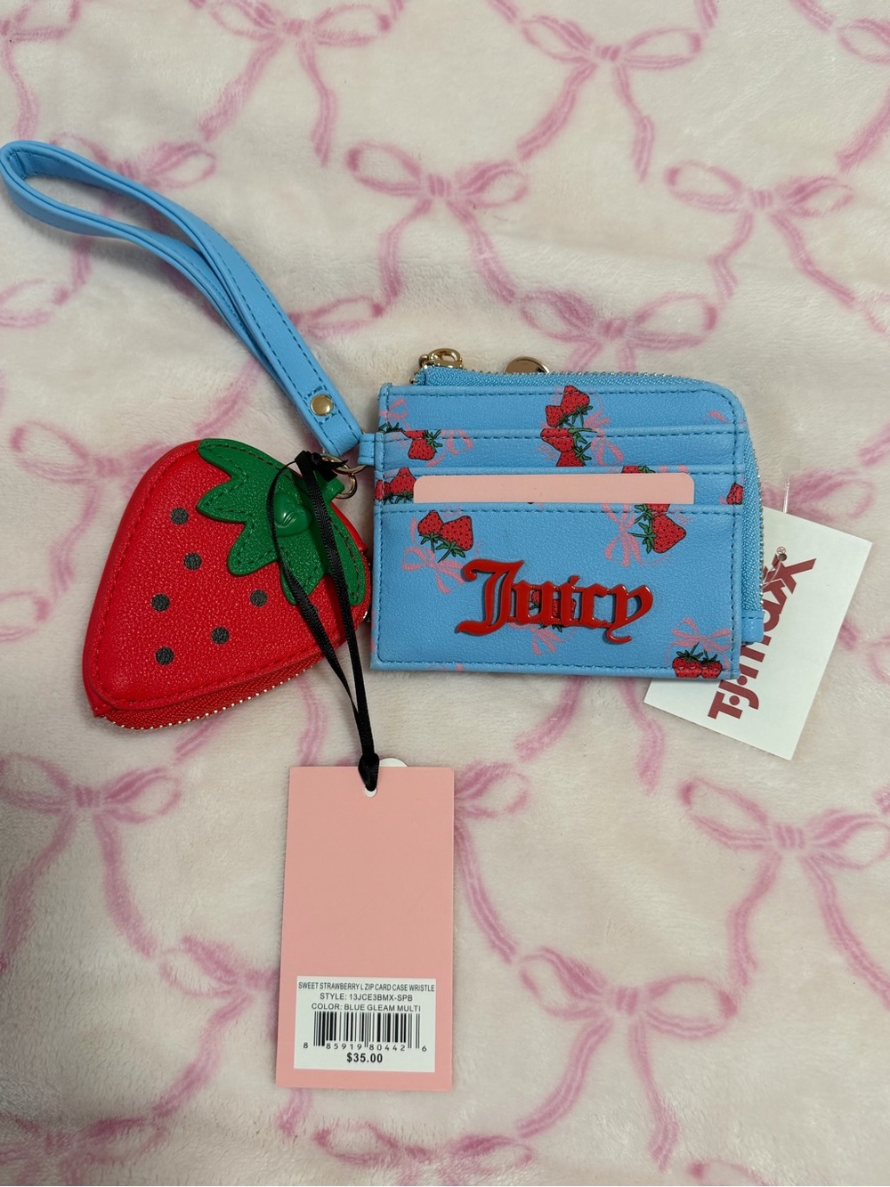 Juicy Couture Blue Strawberry Wristlet Card Case with Red Strawberry Coin Pouch